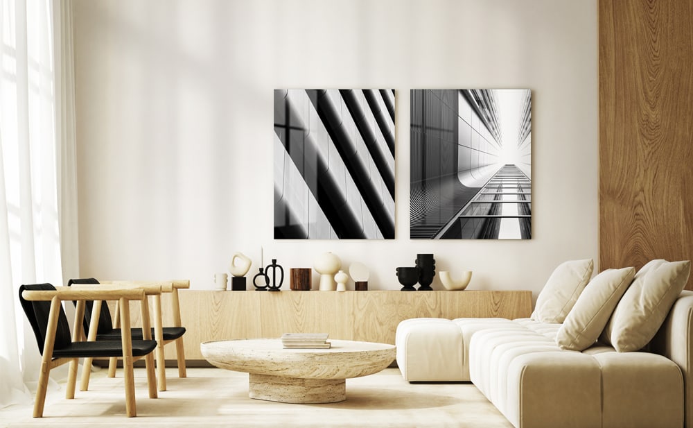 Décoration murale en HD Métal avec photo d’architecture en noir et blanc — brillante, élégante et parfaite pour un intérieur contemporain.
